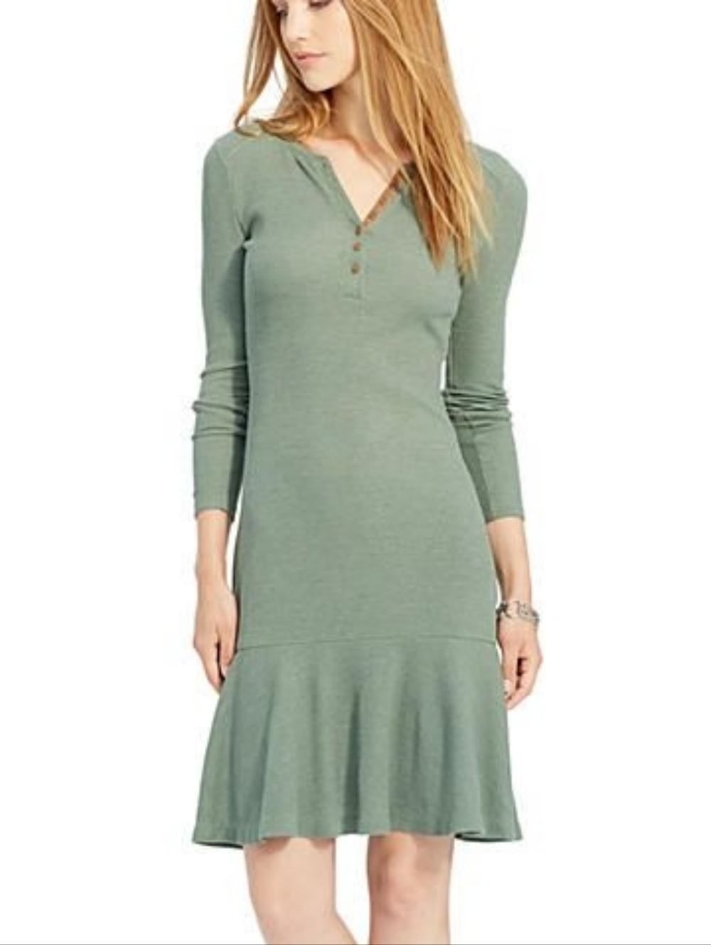 Lauren Ralph Lauren Olive Henley Ribbed Long Sleeve Dress Flared Hem Size S Y2K